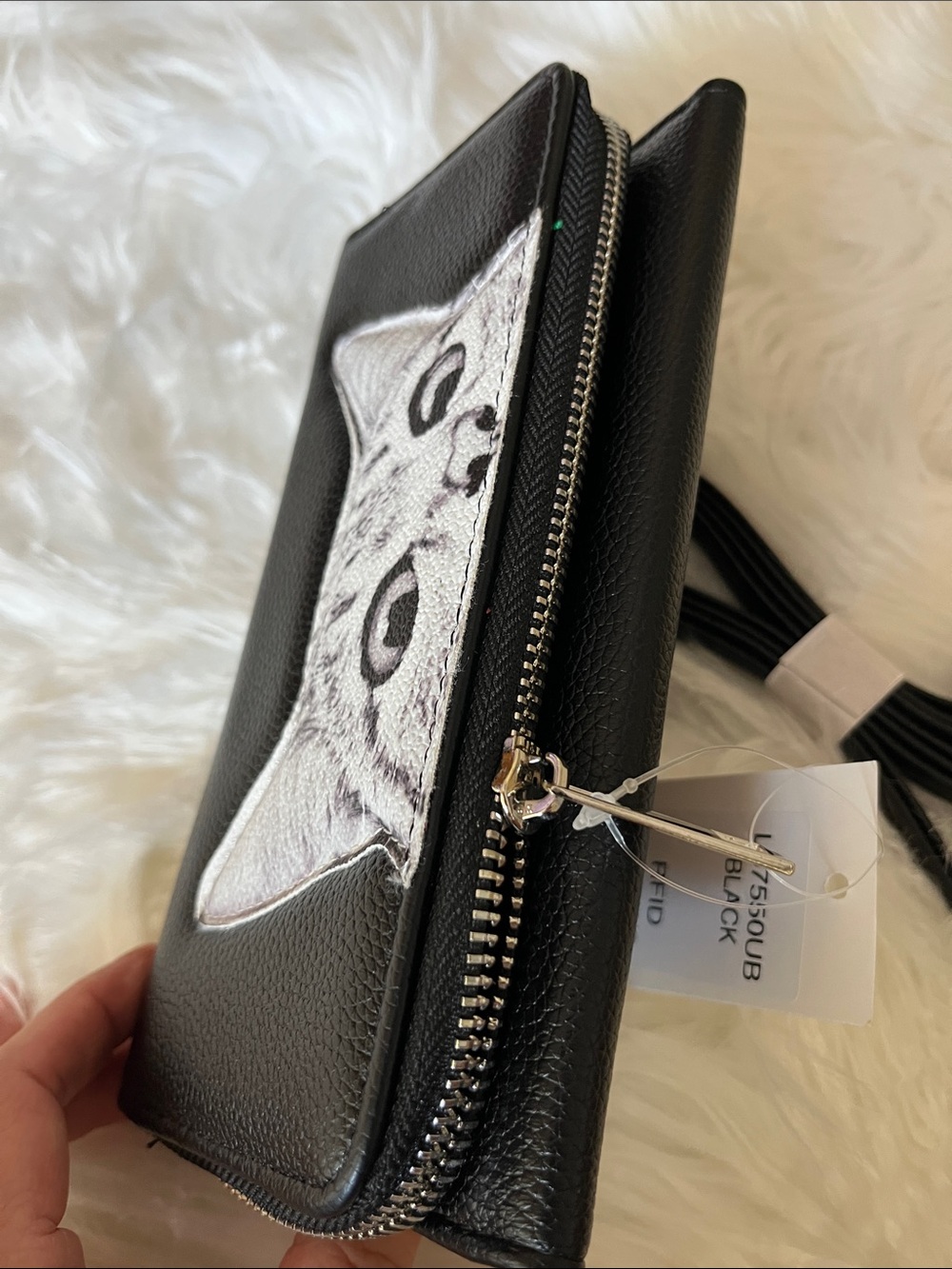 🆕 Peeking Cat Wallet Black White Zip Up Strap Gift Purse Book Modern Art Design - Picture 3 of 11